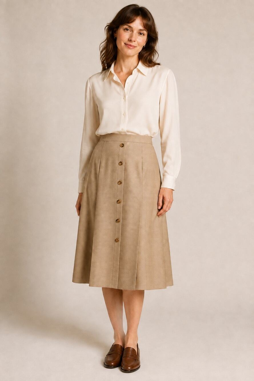 Vintage Jones New York Size 8 Tan Micro Check Button Front Pleated Midi Skirt